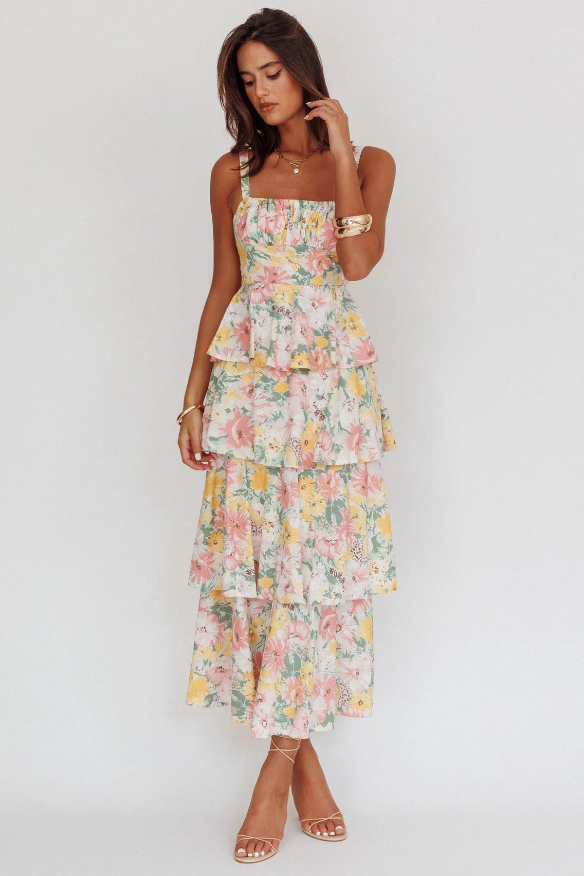 Robe longue fleurie à volants étagés Provence Bloom