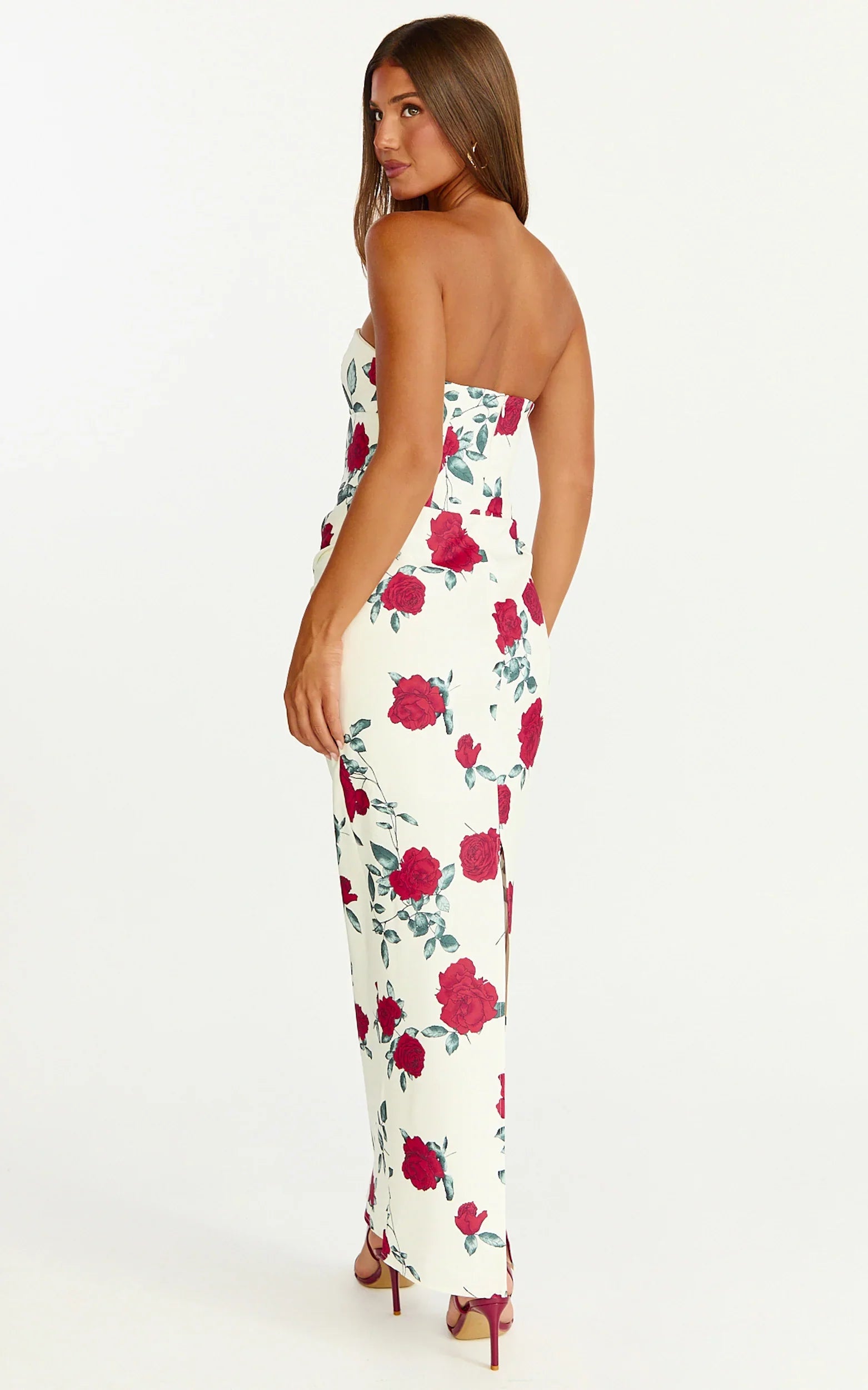 Robe Midi Dahlia - Robe Ajustée Drappée Sans Bretelles à Taille Drapée Imprimé Rose Écarlate