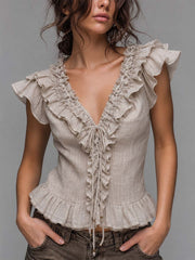 Light Beige Textured Cotton-linen V-neck Ruffle Lace-up Waist Flutter Sleeve Top