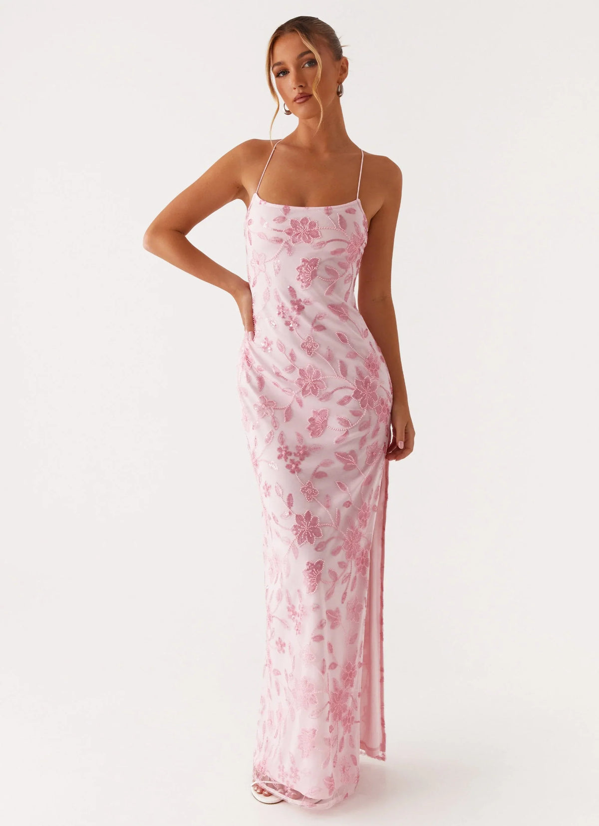Robe longue perlée Bright Lights - Rose
