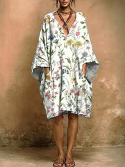Women's Retro Floral Art Print Casual Cotton Linen Short Dress