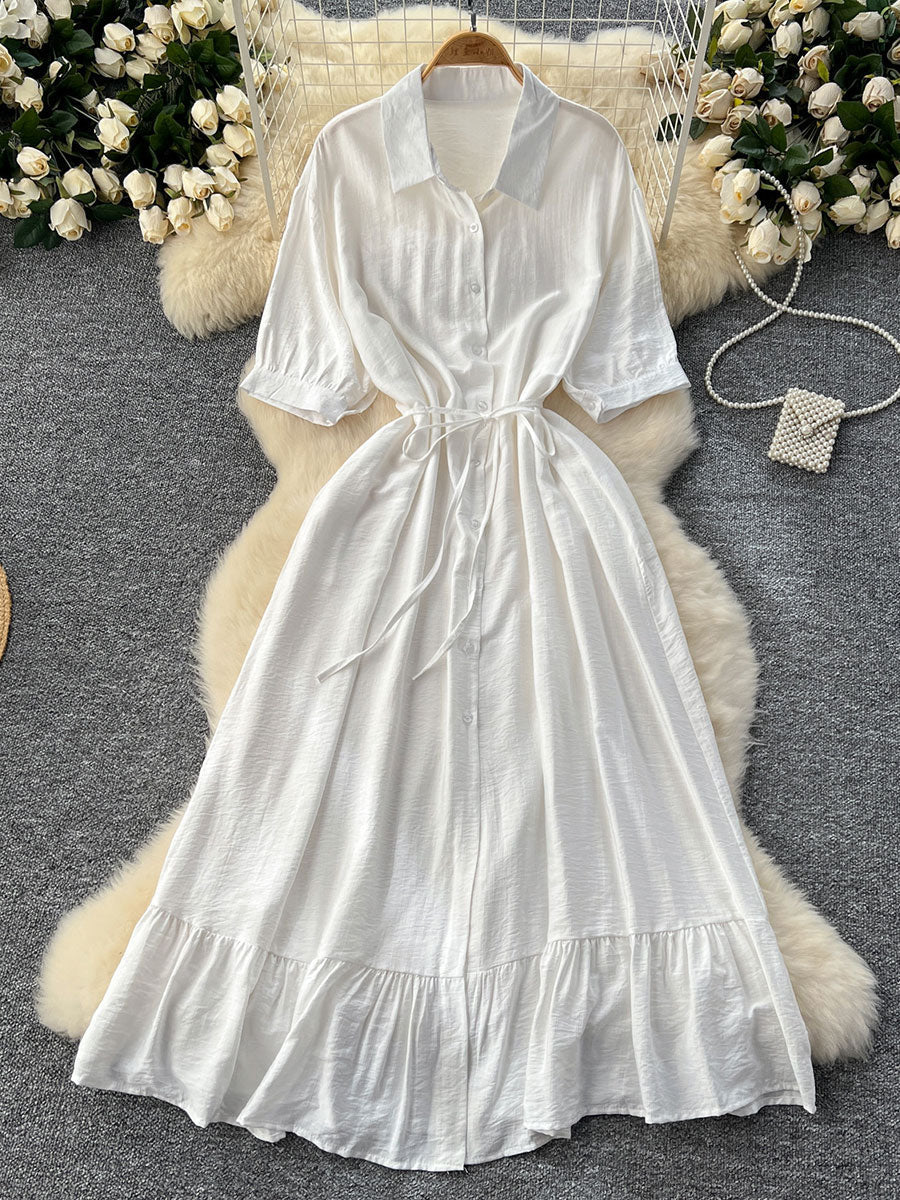 Women's Polo Collar Half Sleeves Single-breasted Waist-cinching Ruffles Midi Dress