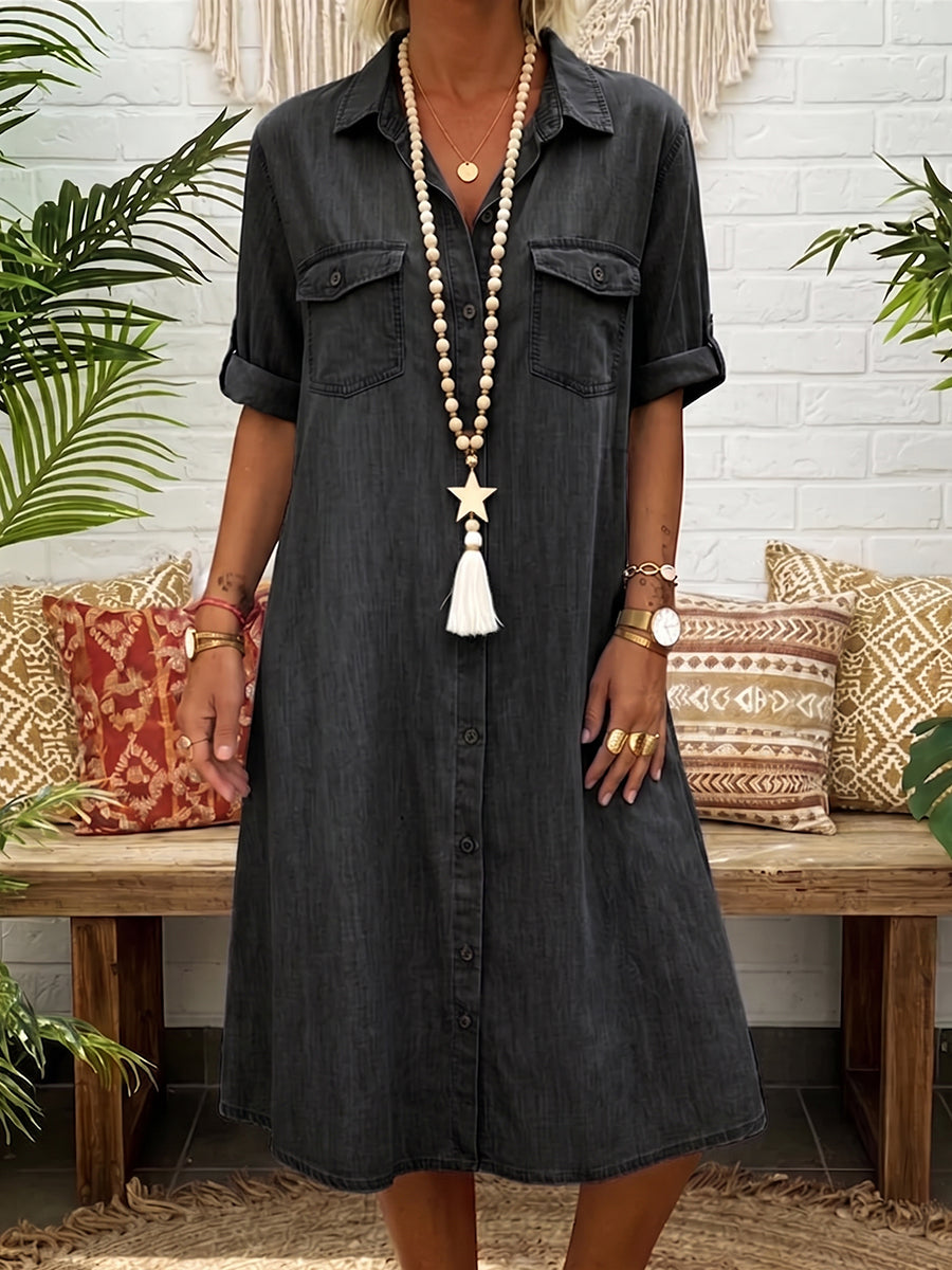 Casual Polo-collar Button-down Denim Dress