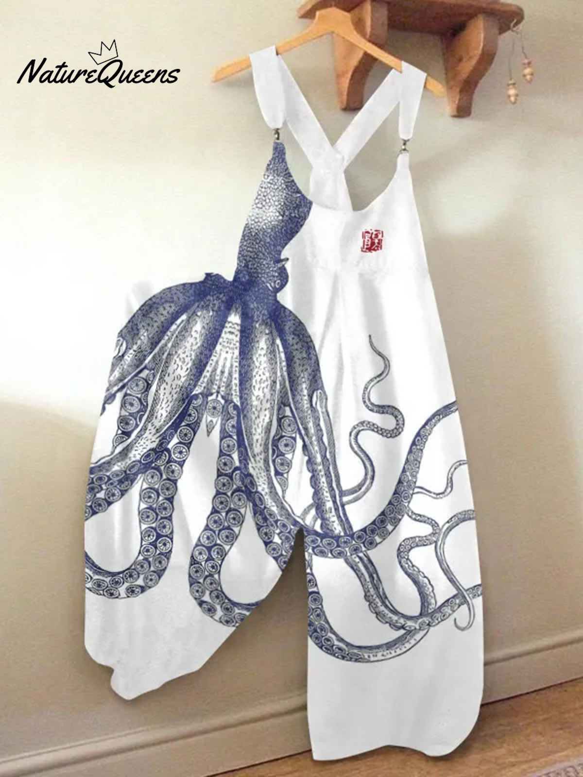 Vintage Japanese Art Octopus Print Loose Casual Jumpsuit