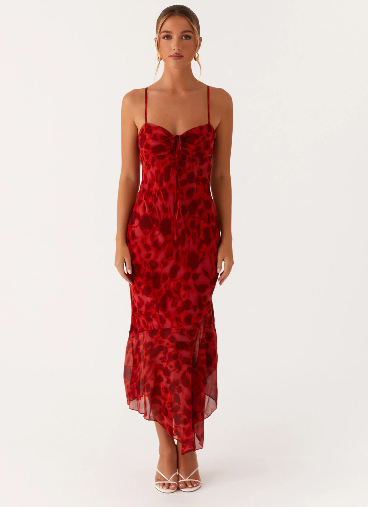 Robe midi Sally – Rouge floral profond