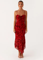 Robe midi Sally – Rouge floral profond