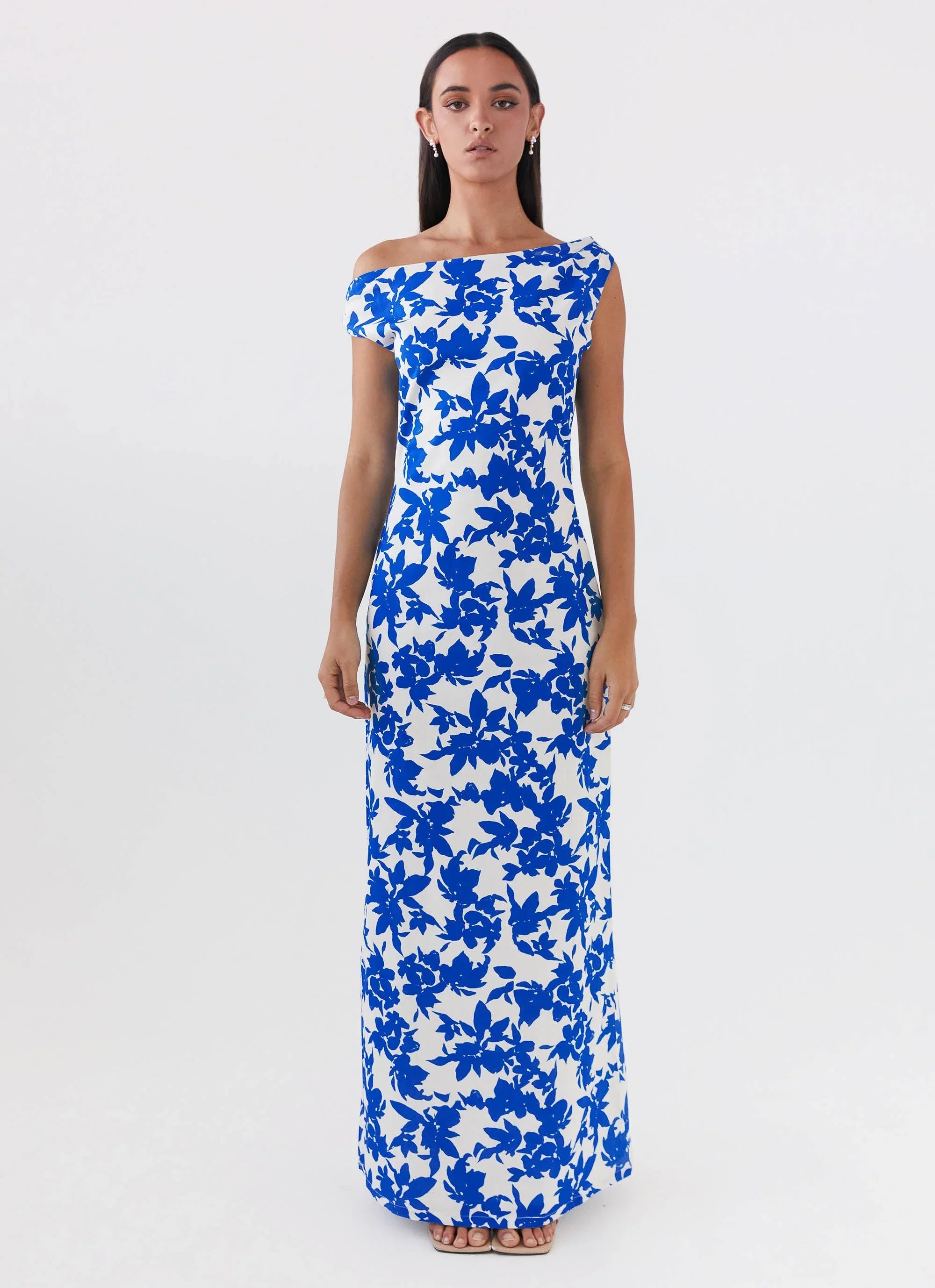 Robe longue à épaules dénudées Pyper - Imprimé floral bleu