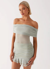 Mini-robe à épaules dénudées Nelly – Pistache
