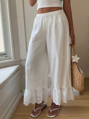 Women's White Lace-trimmed Wide-leg Pants — Loose-fit Casual Trousers (lightweight)
