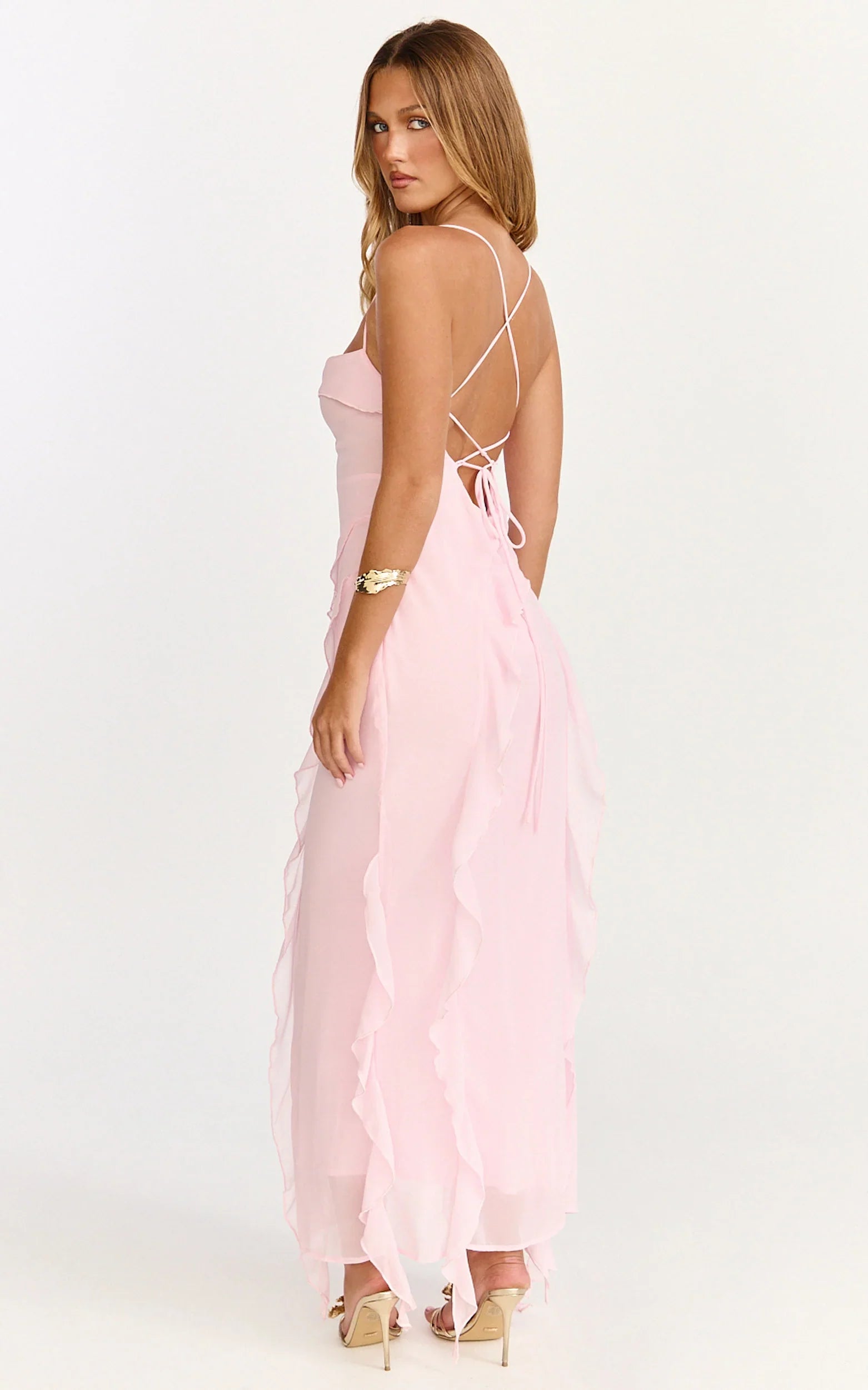 Robe Connie Mi-Longue - Robe Rose à Volants