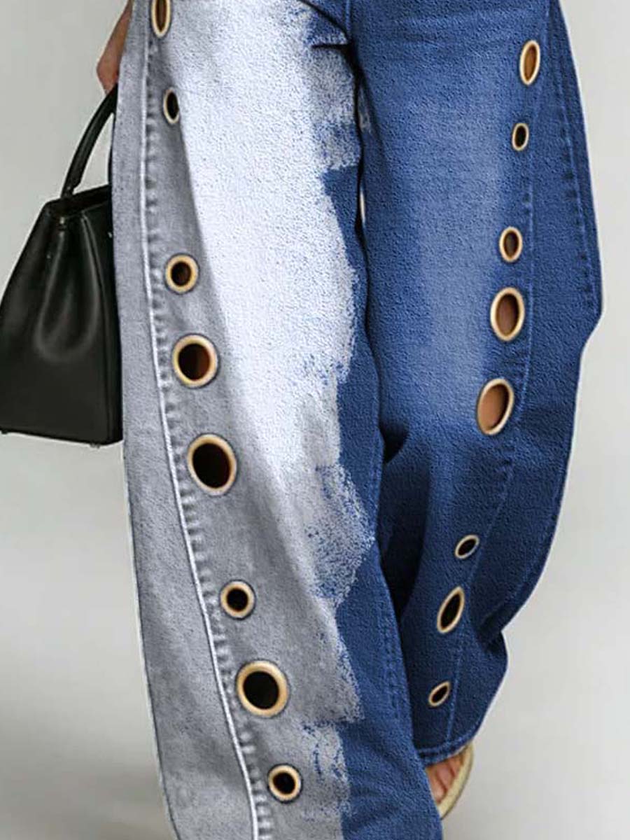 Women's Retro Art Print Casual Stylish Hollow Denim Pants