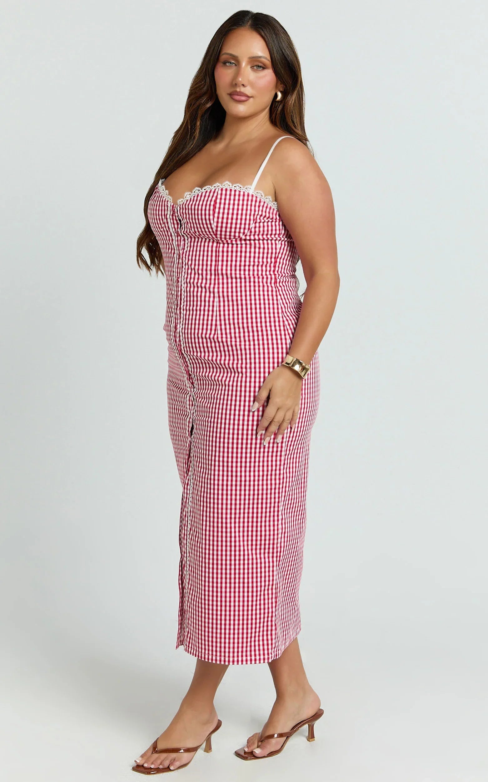 Robe longue Anessa - Robe bustier ajustée boutonnée sur le devant en vichy rouge