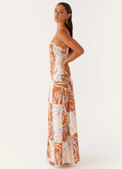 Robe longue Aster Bloom – Fleurs oranges et bleues
