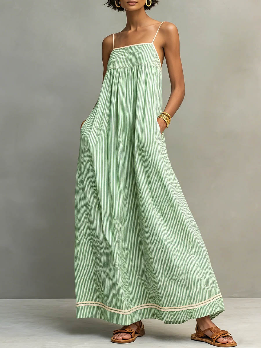 Women's Striped Print Square-neck Sleeveless Casual Loose-fit Cotton-linen Sundress