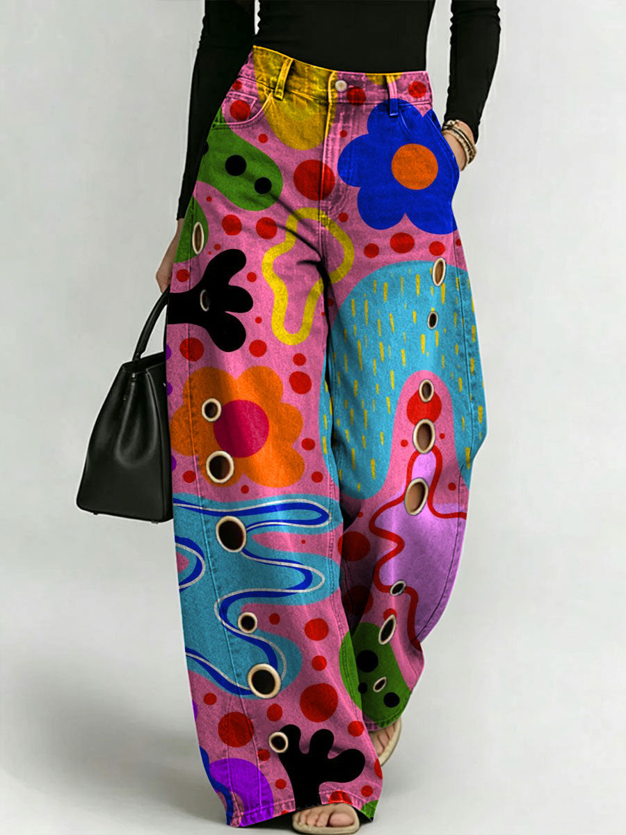 Women's Retro Geometric Floral Patterns Printed Stylish Cutout Casual Denim Jeans