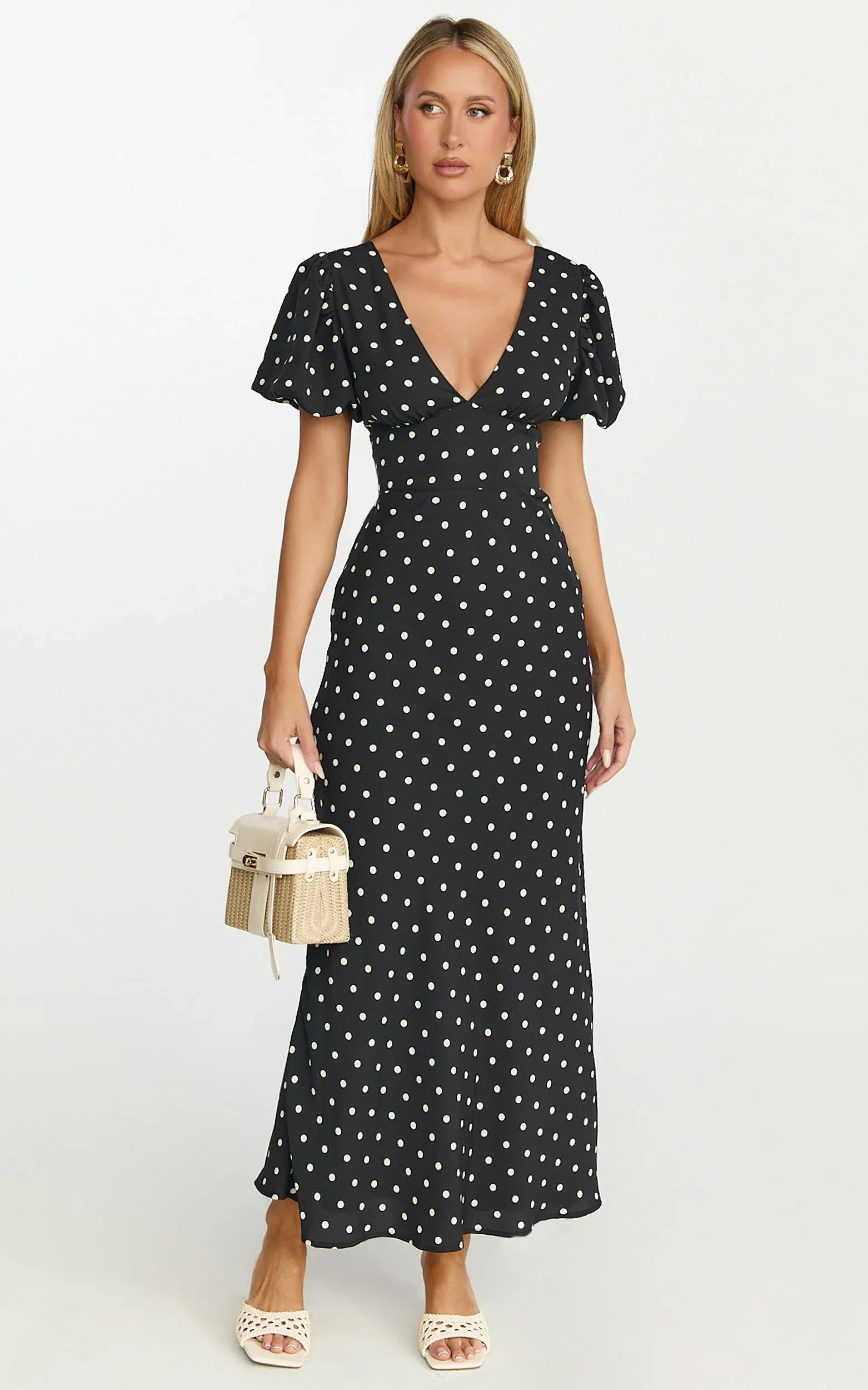 Robe Midi Elise - Robe à Manches Bouffantes et Col en V à Pois Noirs