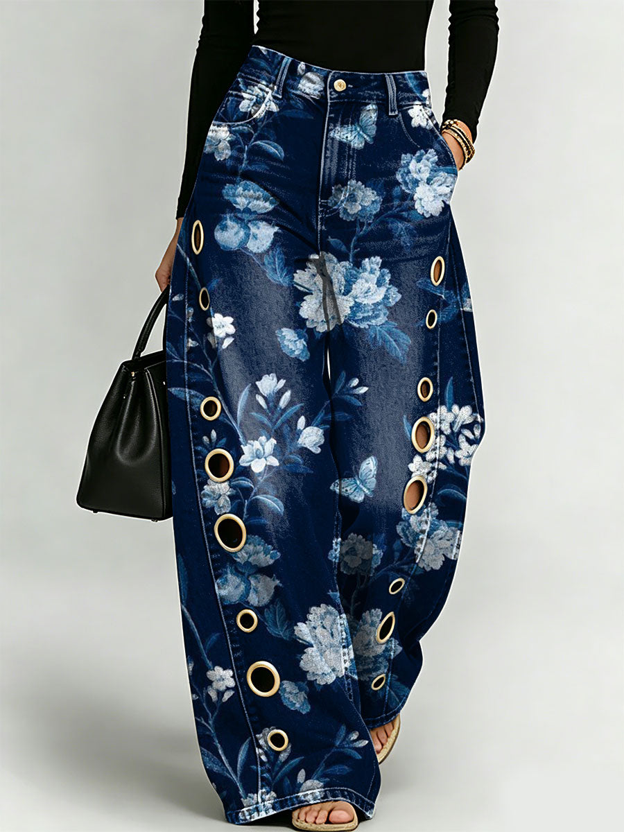 Vintage-style Elegant Floral Decorative Pattern Women's Cotton Denim Pants