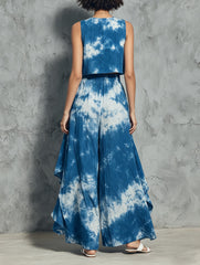 Blue Tie-dye Sleeveless Crop Top + Asymmetric Wide-leg Pants Set