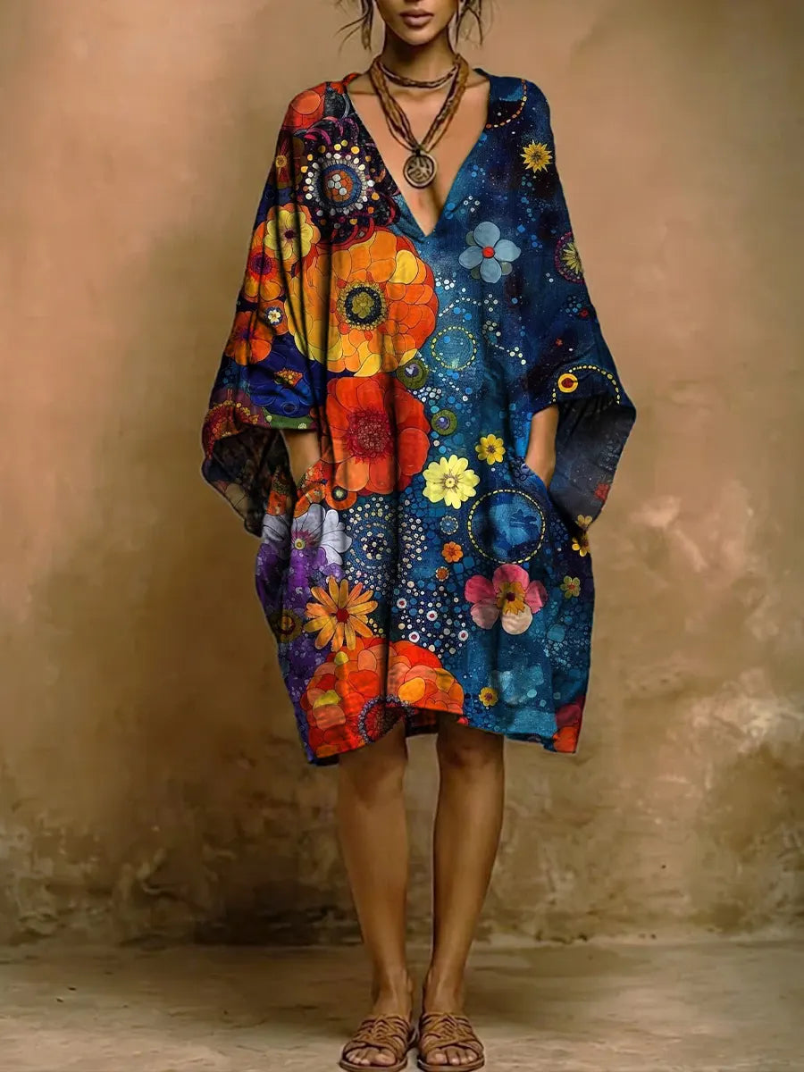 Women's Vintage Colorful Flower Print Short-sleeve Cotton-linen Dress
