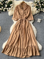 Women's Polo Collar Half Sleeves Single-breasted Waist-cinching Ruffles Midi Dress