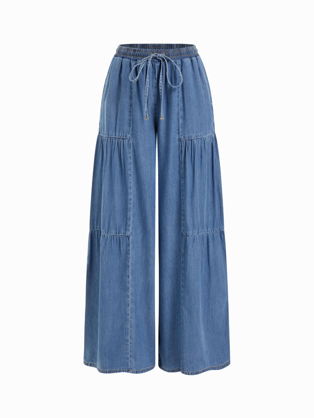 Mid-rise Drawstring Pleated Wide-leg Jeans