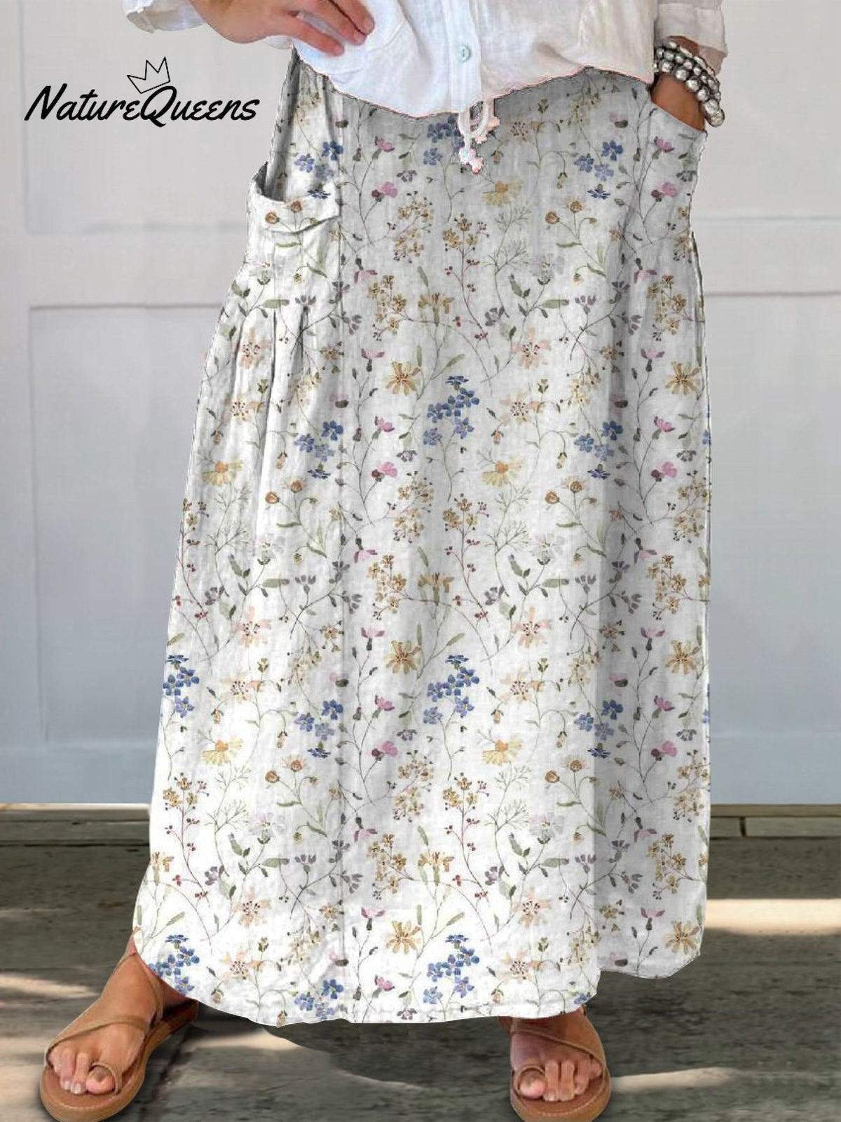 Women's Vintage Floral Art Linen Elastic waistband Pocket Skirt
