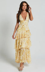 Robe midi Beryl - Robe superposée sans manches col V profond à motif floral jaune