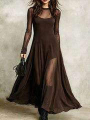 Women's Solid-color Round-neck Long-sleeve Casual Loose Mesh Dress