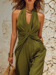 Olive Green Halter Twist-front Linen Cotton Top & Lace Trim Wide Leg Pants Set