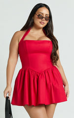 Mini-robe Helda - Robe à panneau corset avec col noué à la nuque de couleur rouge
