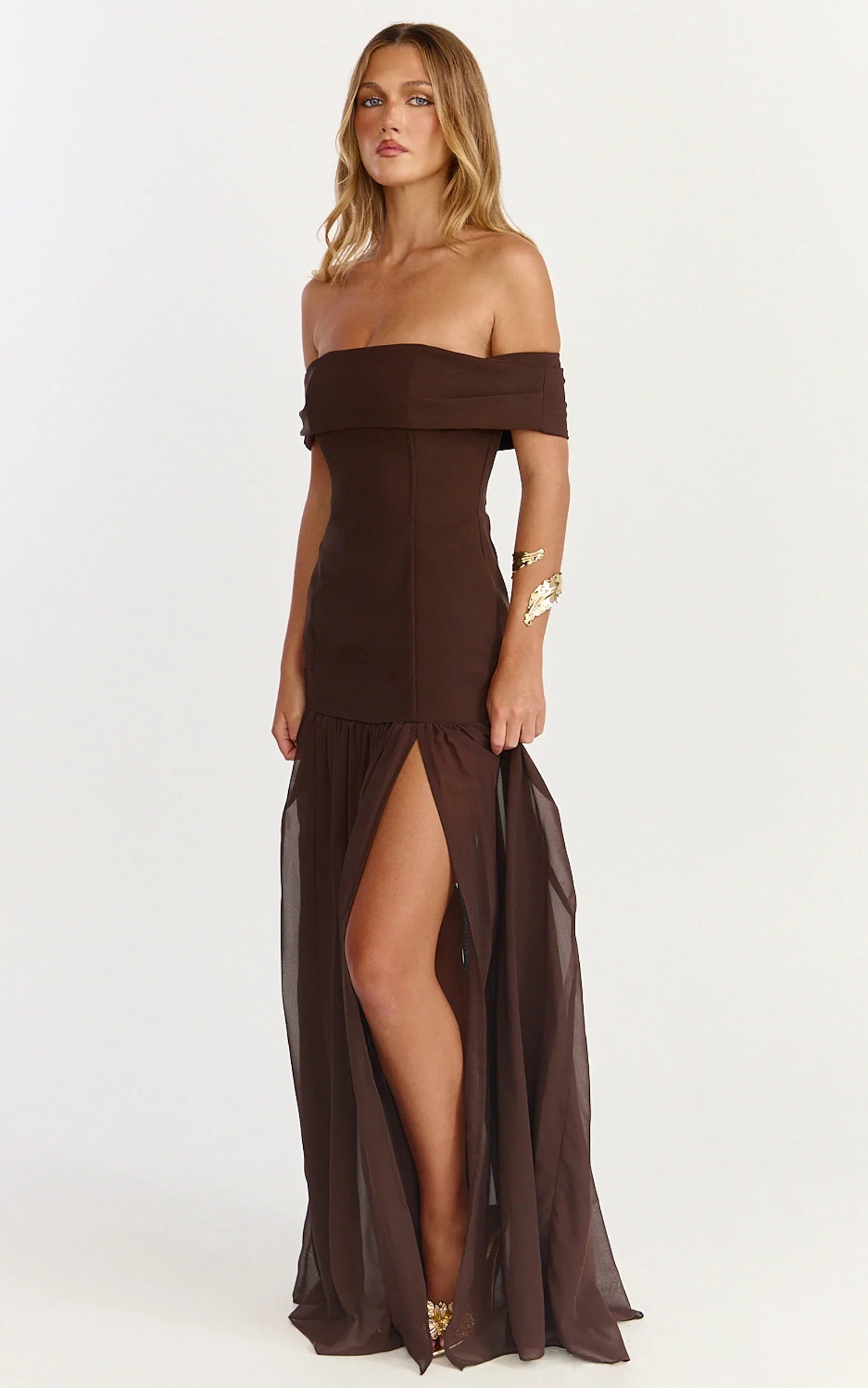 Robe longue Florence – Robe bustier à jupe transparente couleur chocolat