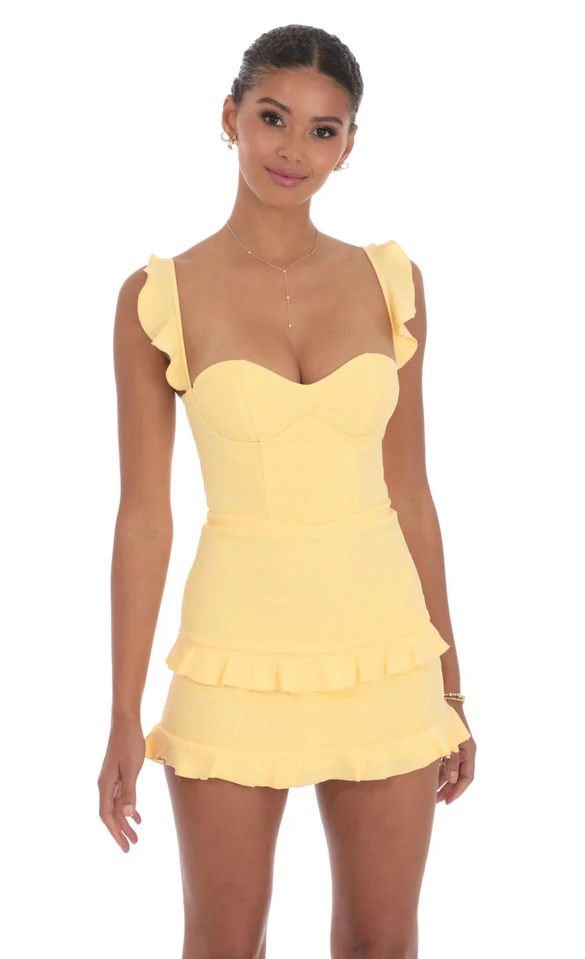 Robe corset à volants jaune