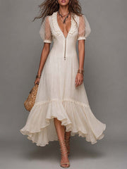 Elegant Linen And Cotton Dress With Mesh-paneled Sleeves And Half-zip Closure