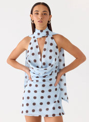 Robe Courte Dos Nu - Bleu Moka à Pois