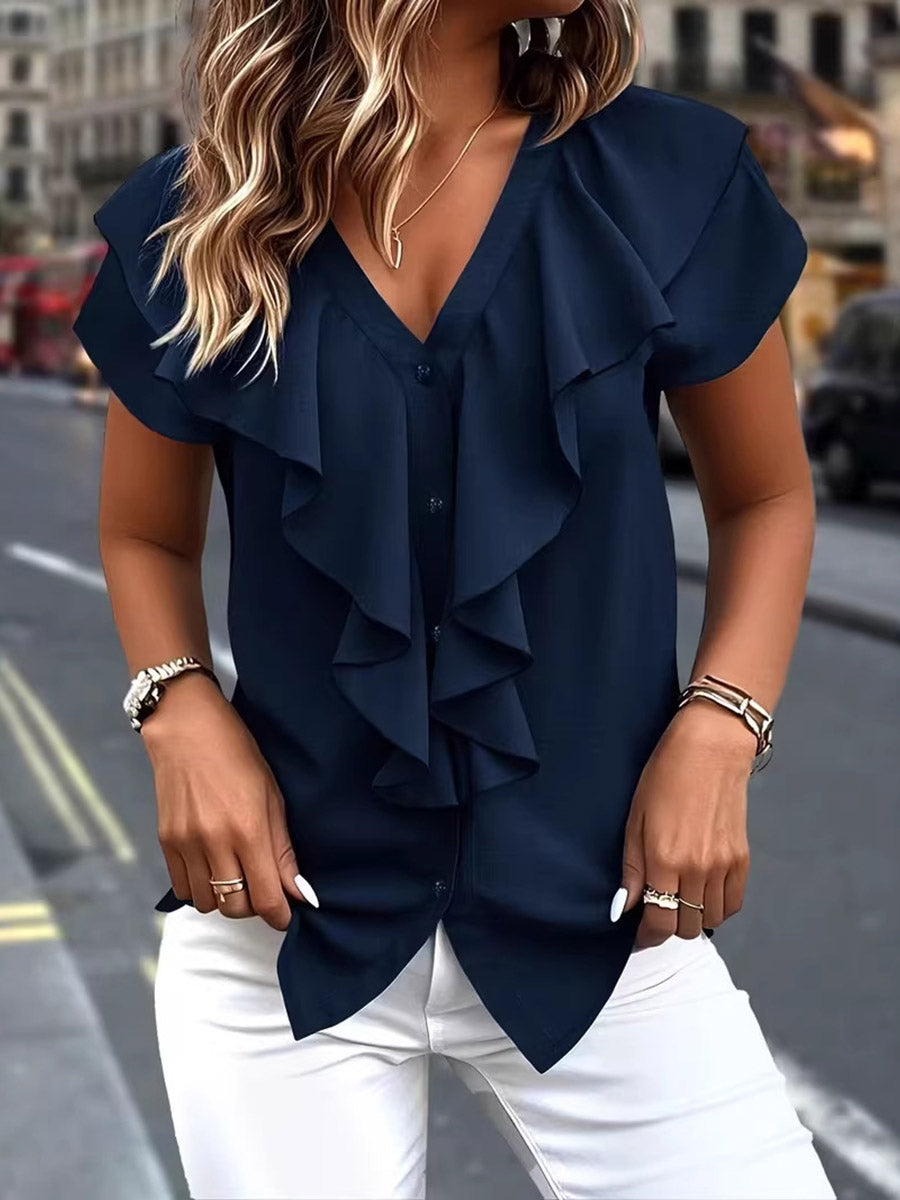 Women's Solid-color V-neck Short-sleeve Casual Loose Ruffled Top