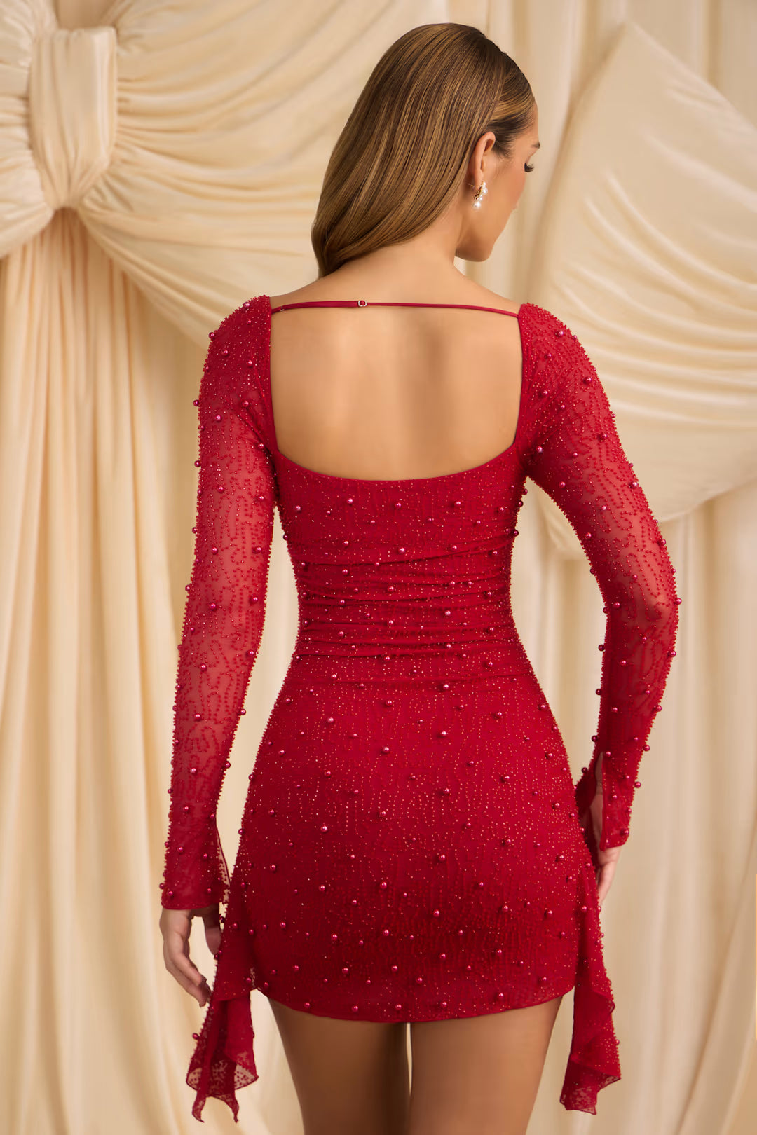 Mini-robe drapée à col bénitier orné Rouge vif