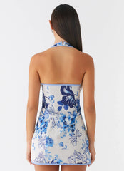Mini-robe Garden Party - Imprimé fleuri ciel serein