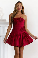 Robe Courte Sans Bretelles Froncée Floral Dream Rouge
