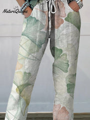 Women's Vintage Leaves Floral Printed Cotton And Linen Casual Pants