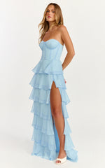 Robe longue Bella – Robe corset bustier à lacets au dos et volants étagés, bleu clair