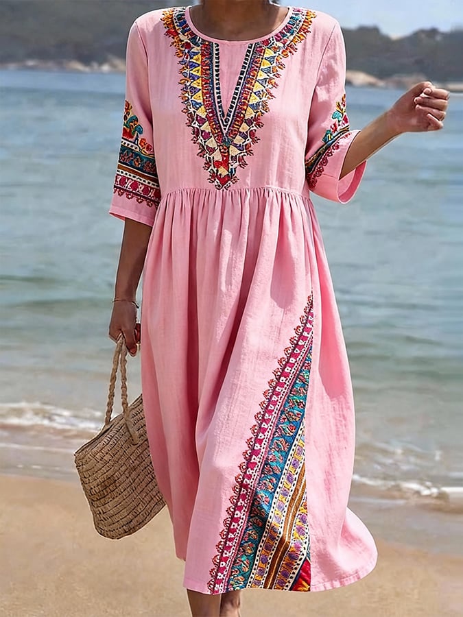 Women's CasualRound Neck Mid Sleeve Print Cotton and Linen Dress