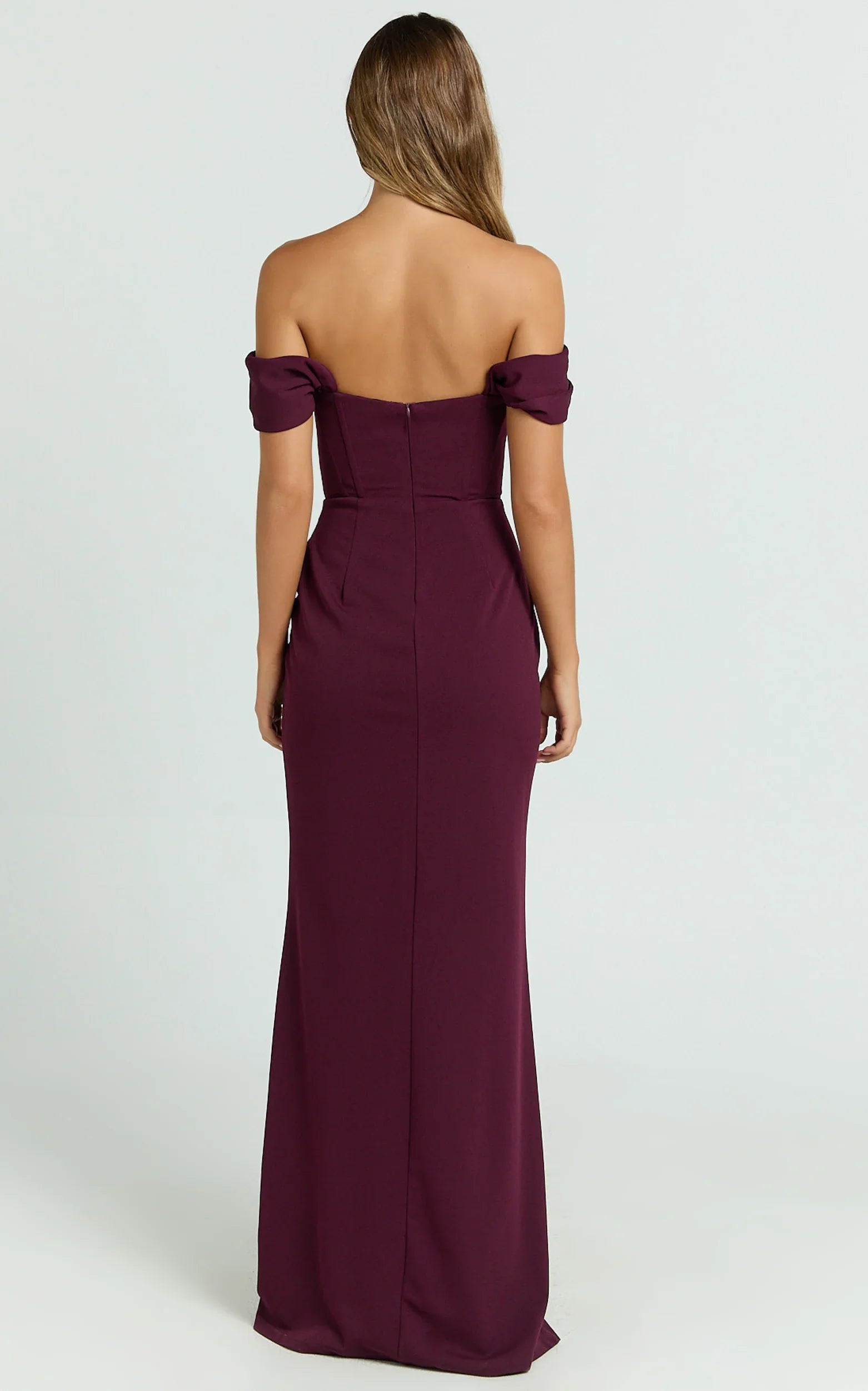 Robe longue Marcel - Robe corset fendue à épaules dénudées couleur lie de vin