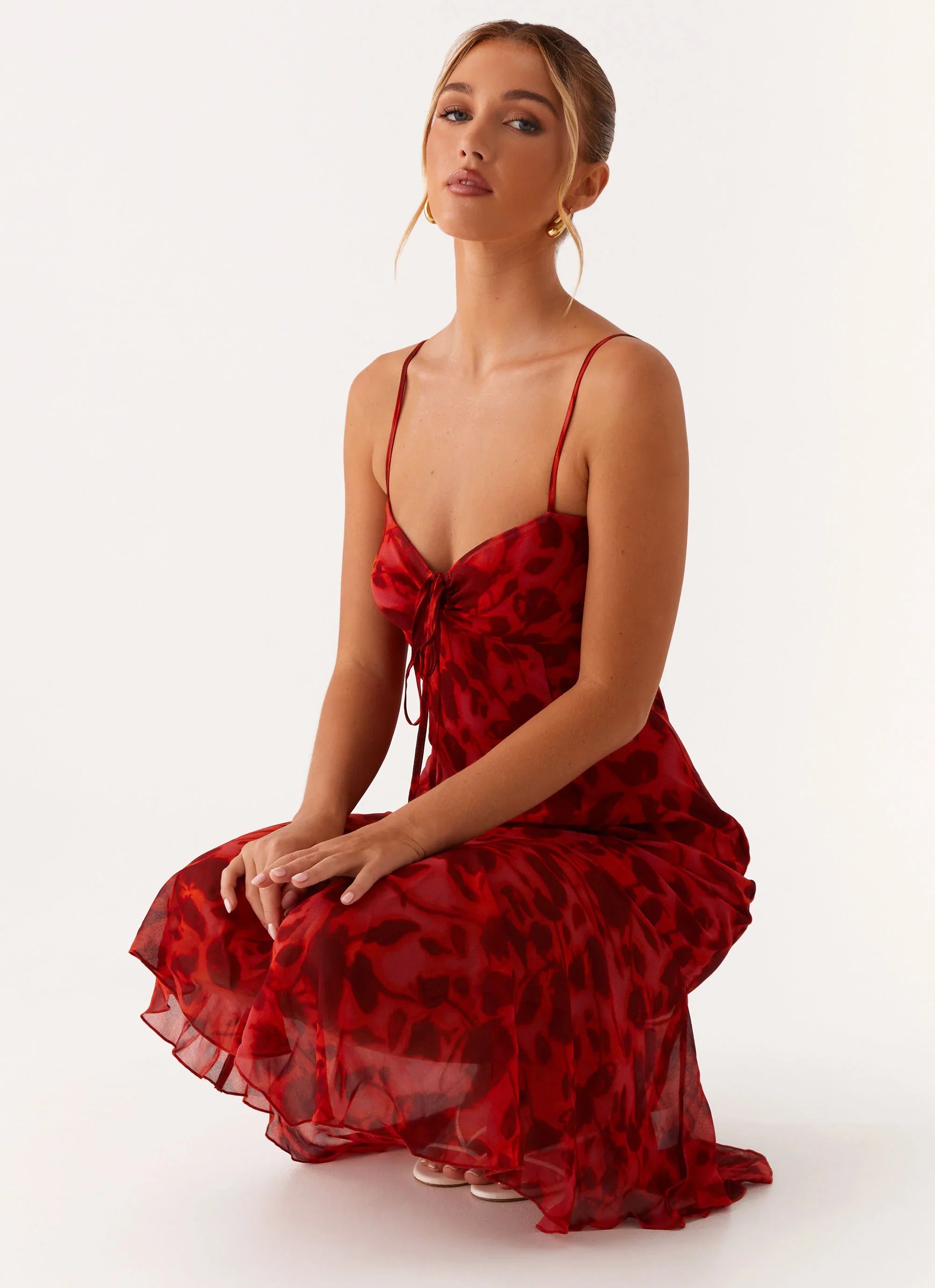 Robe midi Sally – Rouge floral profond