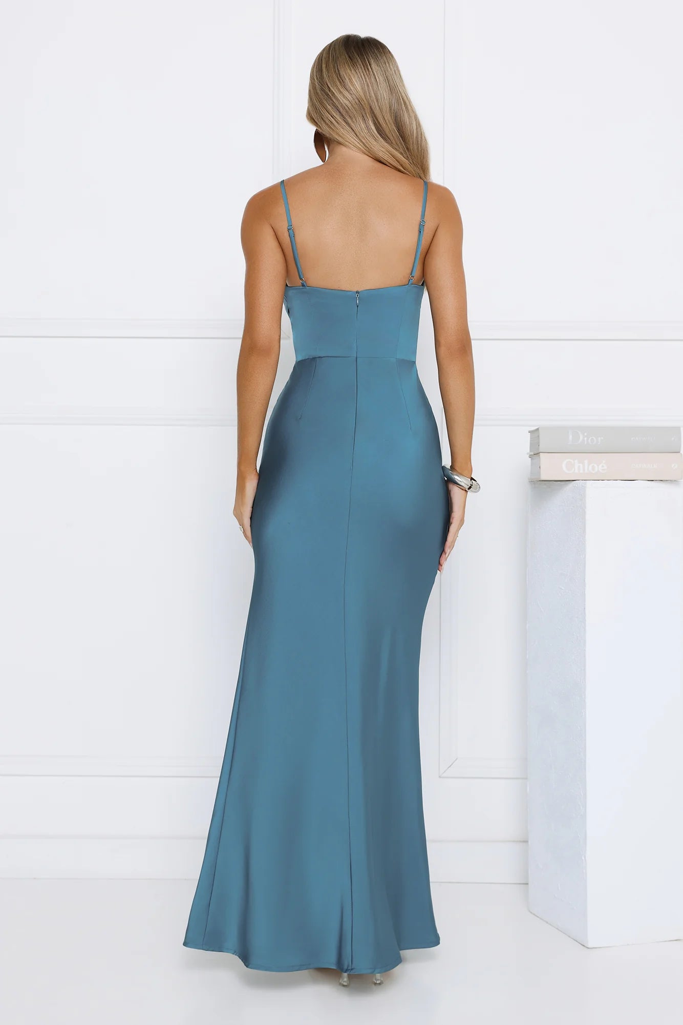 Robe longue en satin formelle Rêve sarcelle