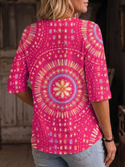 Bohemian Floral Print Henley Cotton T-shirt