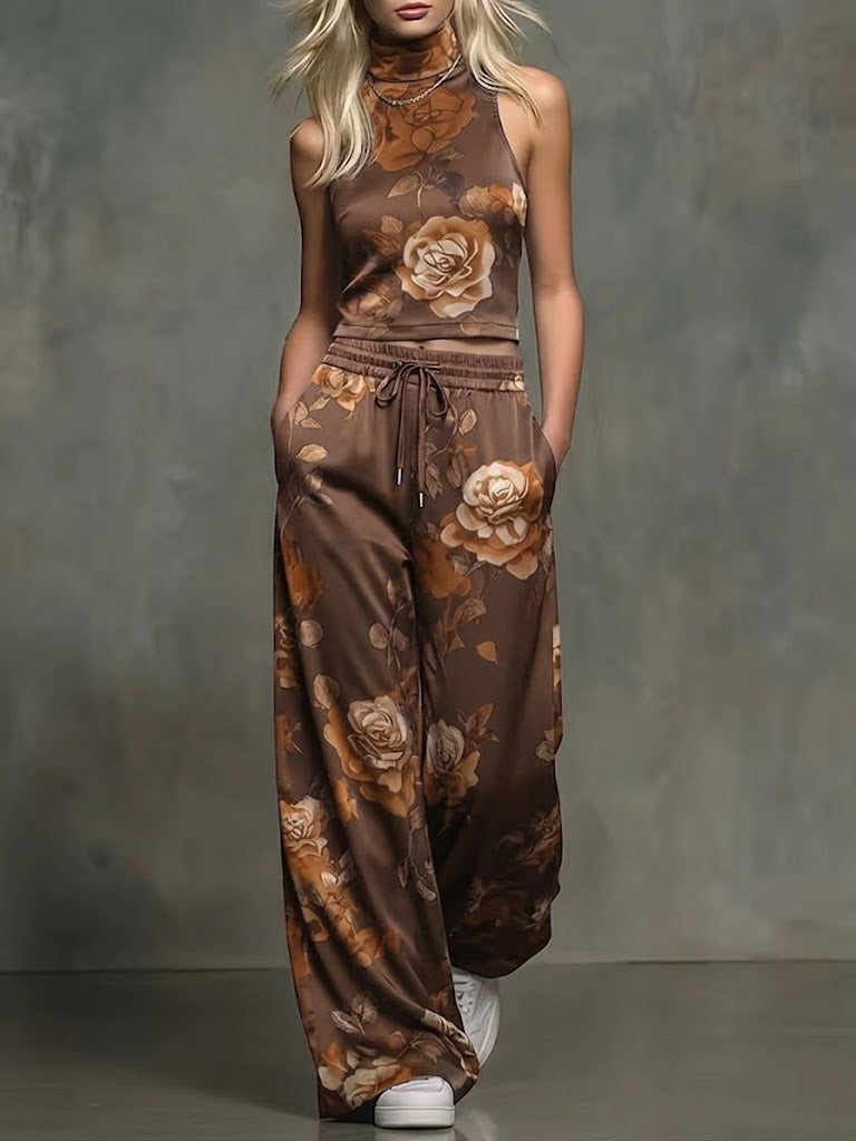 Stylish And Elegant Floral Print Sleeveless Top And Pants Two-piece Set