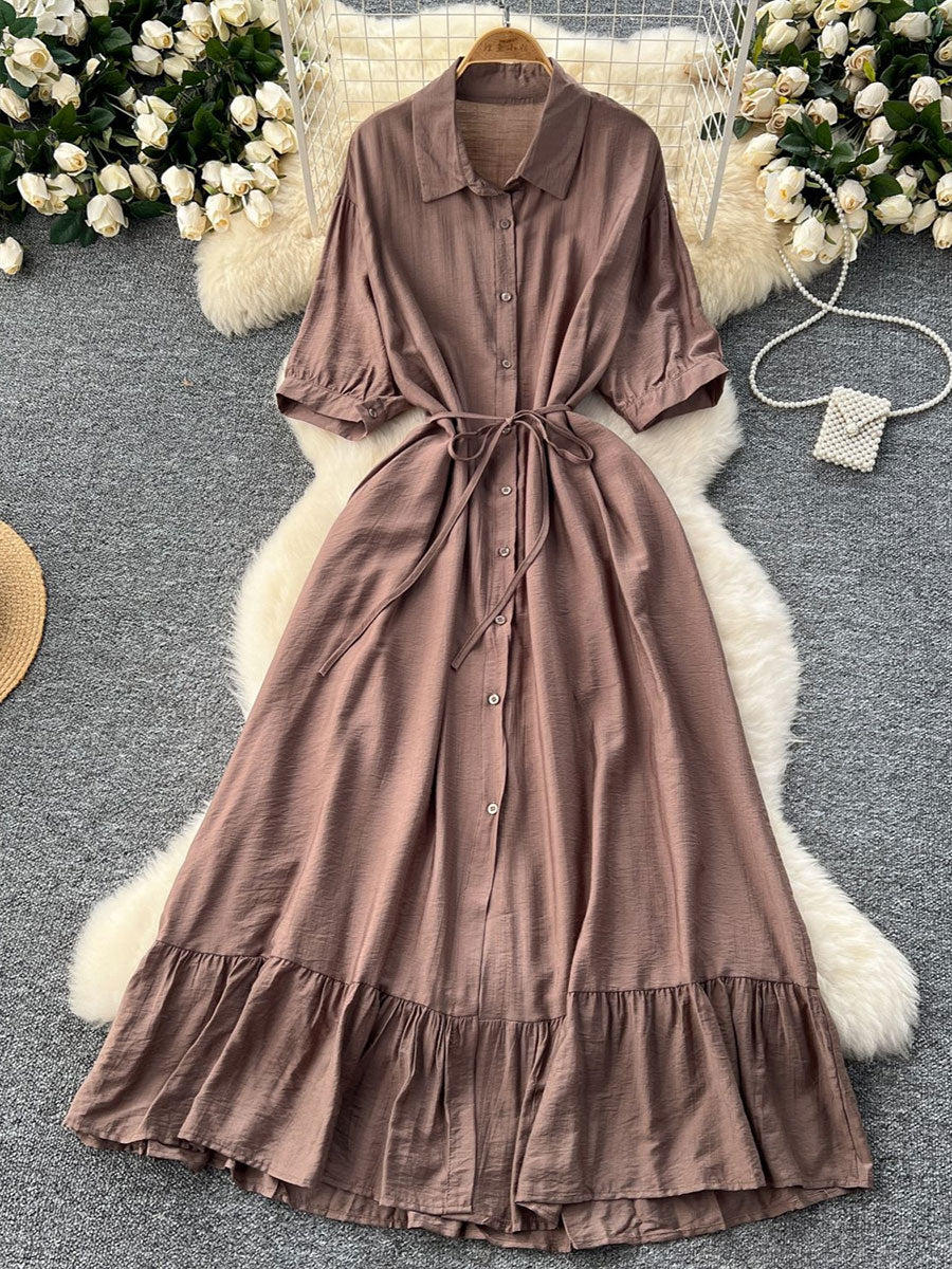 Women's Polo Collar Half Sleeves Single-breasted Waist-cinching Ruffles Midi Dress