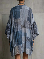 Blue Patchwork Print Sheer Kaftan Tunic Dress