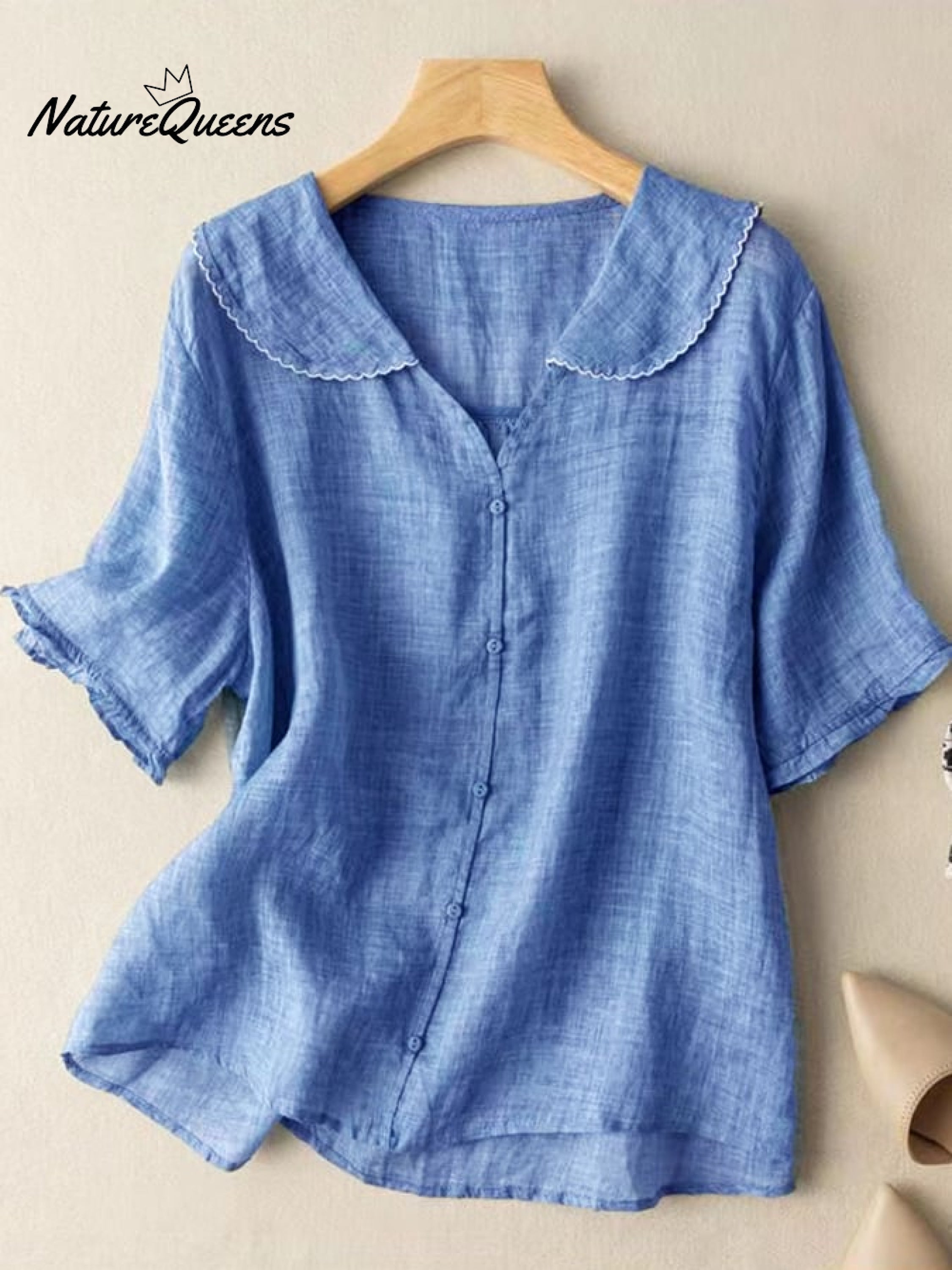 Cotton And Linen Retro Short Sleeved Navy Doll Collar Thin Shirt