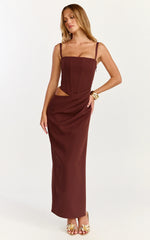 Robe longue Jonas - Robe bustier corset drapée à la taille couleur chocolat